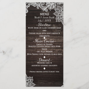 Menu de Casamento Madeira Rústica Escura e Renda E