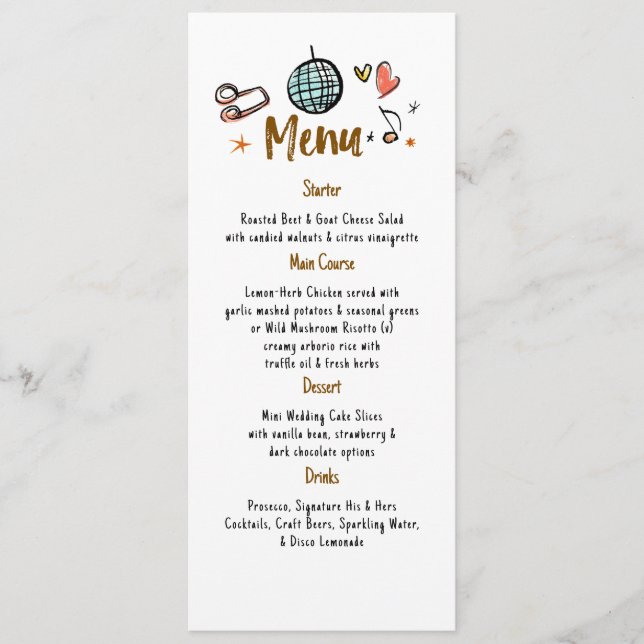 Menu de Casamento Manuscrito com Decor Funky Whims (Frente)