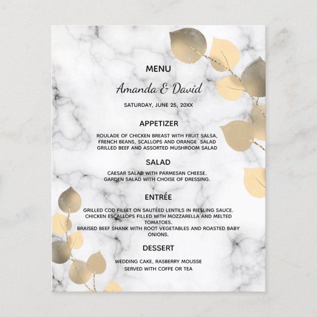 Menu de casamento mármore dourado eucalipto botâni (Frente)