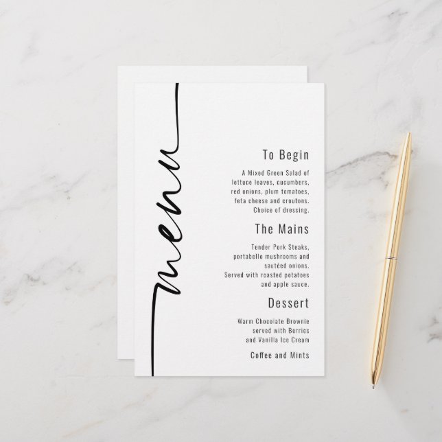 Menu de Casamento Minimalista da Caligrafia Orçame (Frente/Verso In Situ)