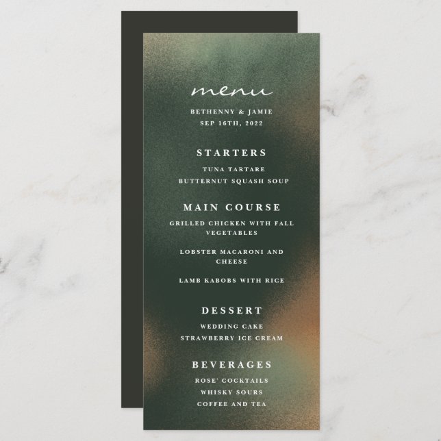 Menu de Casamento Minimalista de Ombre Verde (Frente/Verso)