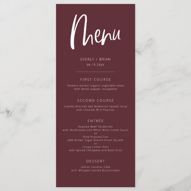 Menu de Casamento Minimalista Merlot Modern (Frente)