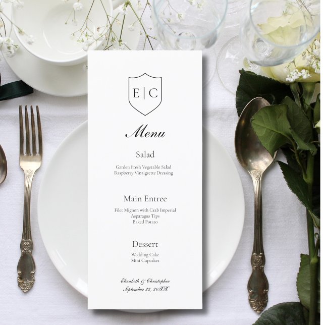 Menu de Casamento Minimalista Moderno de Iniciais  (Monogram Initials Modern Simple Black White Minimalist Wedding Menu)