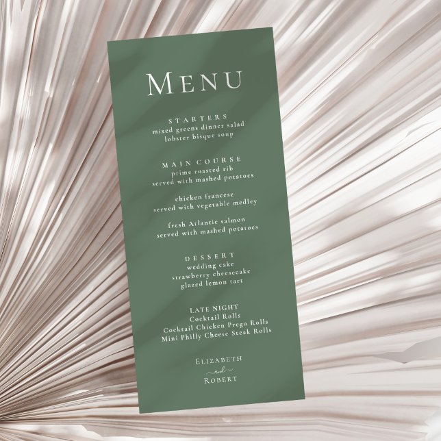 Menu de Casamento Minimalista Moderno Verde-Dark S (Sage Green Modern Minimalist Wedding Menu on a sunny neutral dry palm leaf.)