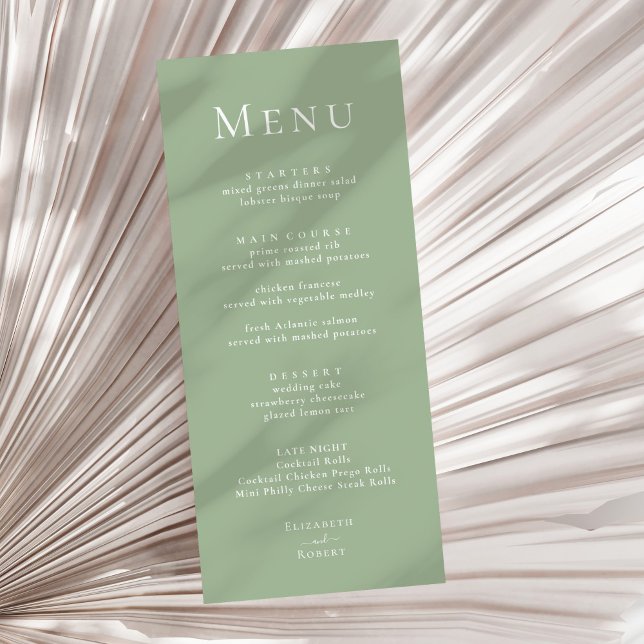 Menu de Casamento Minimalista Moderno Verde Sage (Sage Green Modern Minimalist Wedding Menu on a sunny neutral dry palm leaf.)