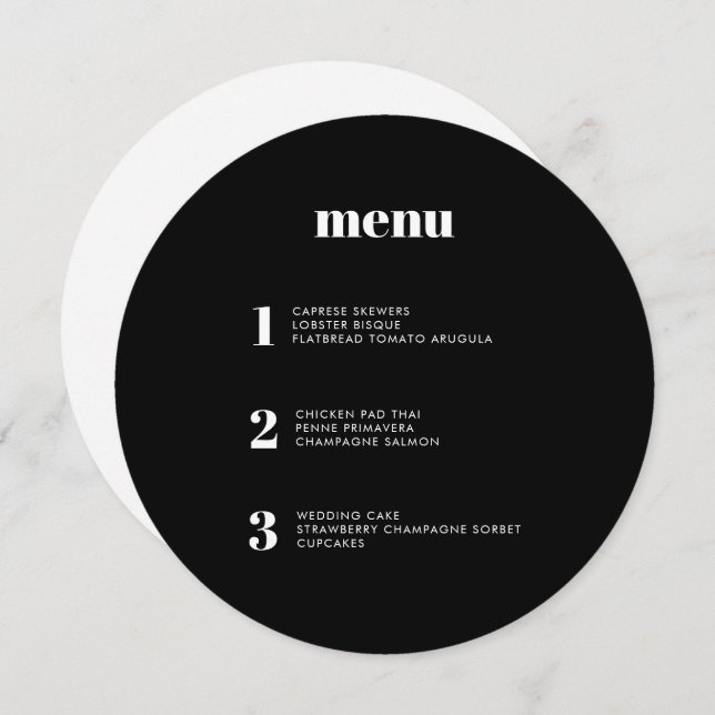Menu de Casamento Mínimo de Círculo Redondo Negra  (Frente/Verso)