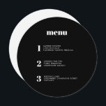 Menu de Casamento Mínimo de Círculo Redondo Negra<br><div class="desc">Este design de cardápio de casamento contemporâneo mostra os cursos da sua refeição de casamento em simples fontes e um design elegante e limpo. Este cardápio sólido do círculo negro certamente se destaca da multidão. Design de tipografia moderna e cardápio para um casamento moderno. Todos os elementos são personalizáveis -...</div>