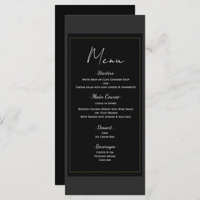Menu de Casamento Mínimo Dourado da Cinza Negra (Frente/Verso)