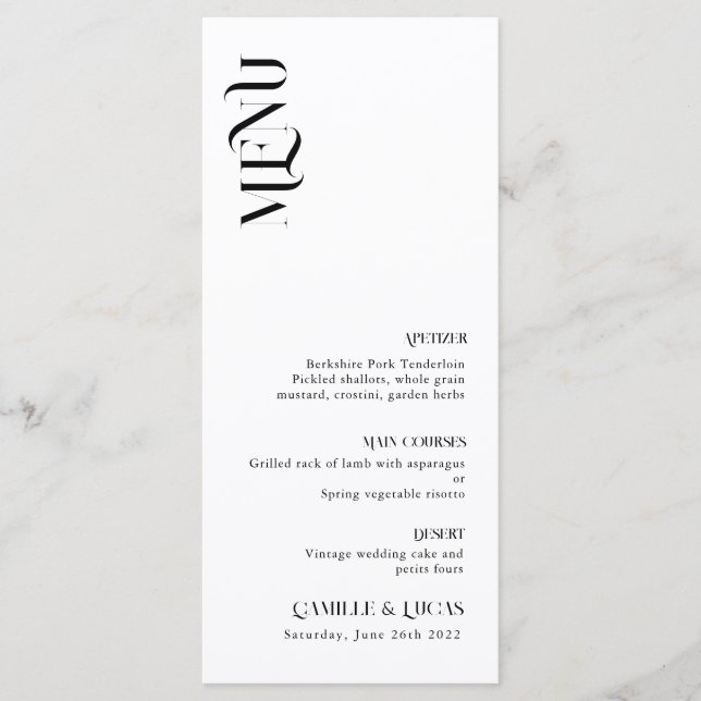 Menu de Casamento Mínimo e Chic Black and Whit (Frente)