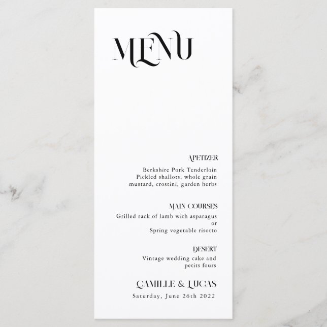 Menu de Casamento Mínimo e Chic Black and Whit (Frente)