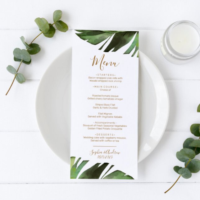 Menu de Casamento Mínimo Floral Tropical Palm Leaf (Criador carregado)