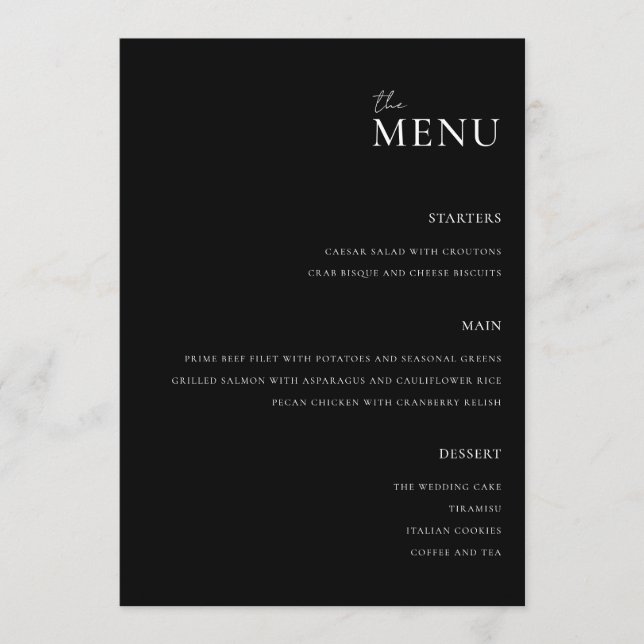 Menu de Casamento Mínimo Moderno Preto e Branco (Frente)