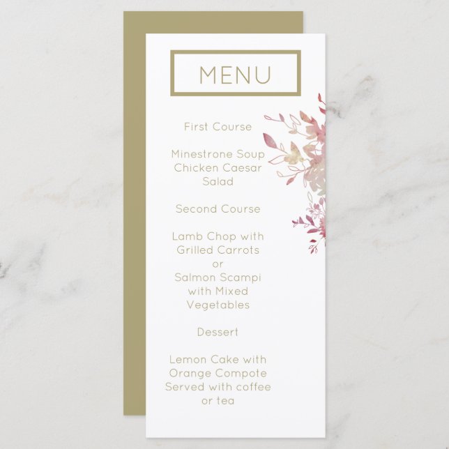 Menu de Casamento Mínimo Moderno Rosa e Dourado (Frente/Verso)