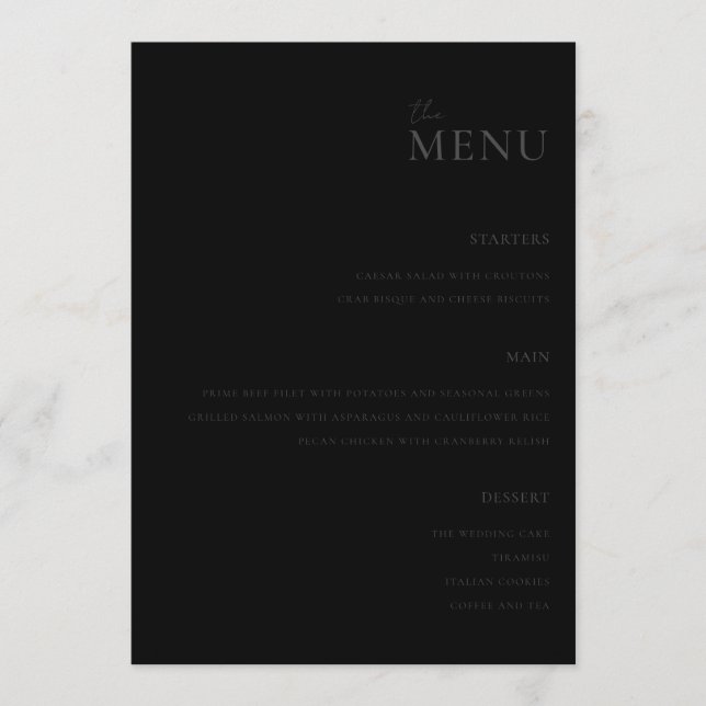 Menu de Casamento Mínimo Preto de Matte Moderno (Frente)