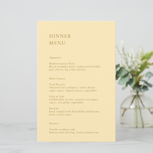 Menu de Casamento Moderno Amarelo Manteiga Minimal (Em pé/Frente)