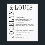 Menu de Casamento Moderno Branco e Negro<br><div class="desc">Menu de casamento moderno com um design preto e branco minimalista com seus nomes em uma fonte grande ao lado esquerdo e superior. Esta design é simples o suficiente para um casamento formal,  mas faz uma declaração ousada.</div>