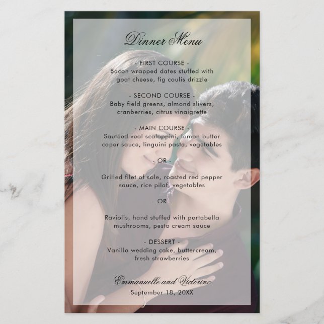 Menu de Casamento Moderno de Foto Elegante (Frente)