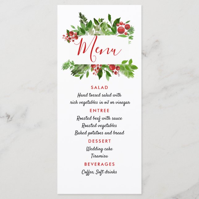 Menu de casamento moderno de Natal com azevinho ve (Frente)