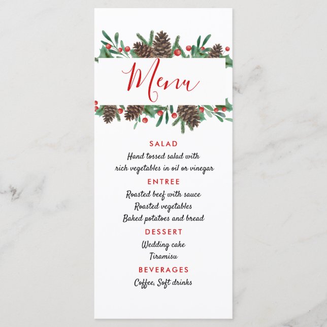 Menu de Casamento Moderno de Natal com Frutas Verm (Frente)