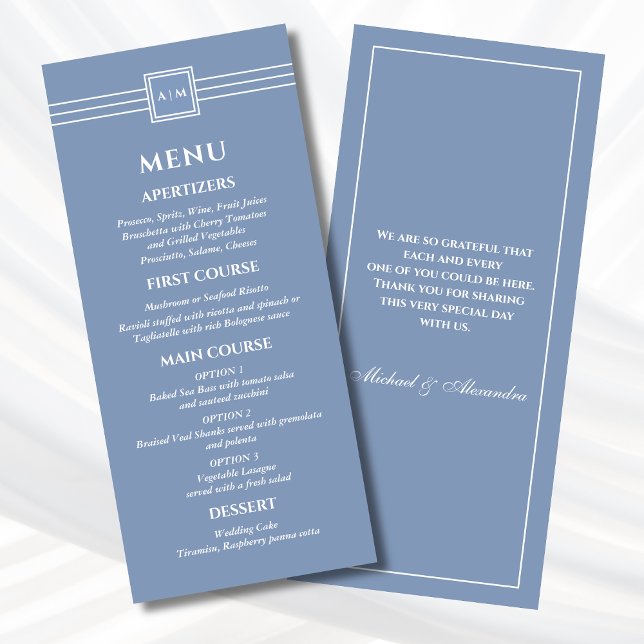 Menu de Casamento Moderno do Monograma Branco Azul (Criador carregado)