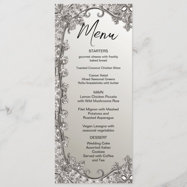 Menu de Casamento Moderno do Ornamentado Silver (Frente)
