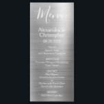 Menu de Casamento Moderno e Elegante de Silver de<br><div class="desc">Menu de Casamento de Folha de Aço Inoxidável Metálico Moderno e Silver de Luxo. Este moderno Menu de Casamento de Script pode ser personalizado para incluir os nomes do noivo e do noivo, a data do casamento e as opções do menu janto de casamento. Este Menu faz parte de uma...</div>