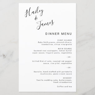 Menu de Casamento Moderno Elegante Branco e Negro 