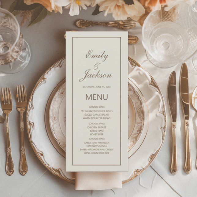 Menu de Casamento Moderno Elegante Cream Brown (Cream-colored wedding reception menu)