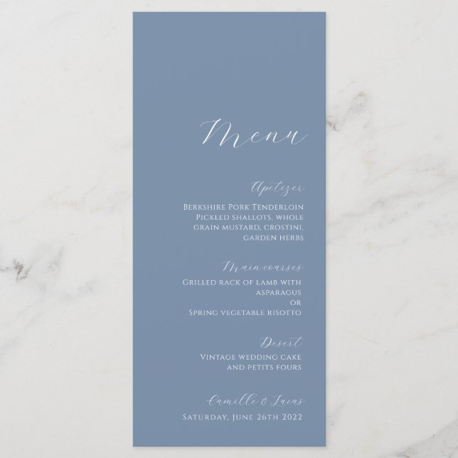 Menu de Casamento Moderno Minimalista de Dusty Blu (Frente)