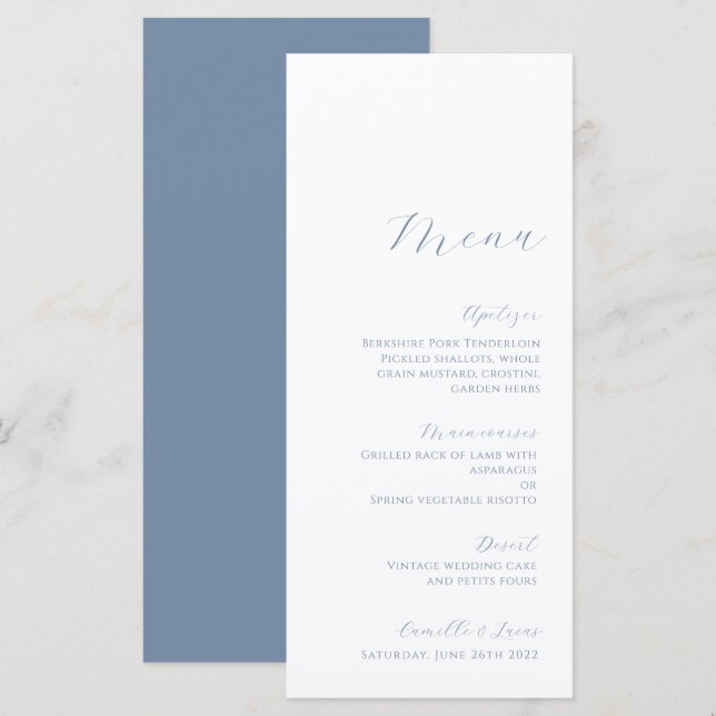 Menu de Casamento Moderno Minimalista de Dusty Blu (Frente/Verso)