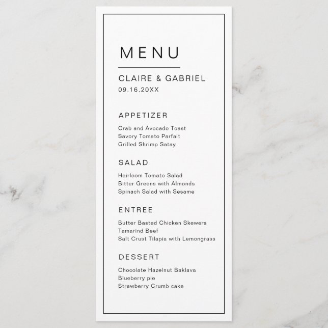 Menu de casamento moderno minimalista preto-e-bran (Frente)