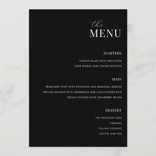 Menu de Casamento Moderno Mínimo Preto e Branco (Frente)