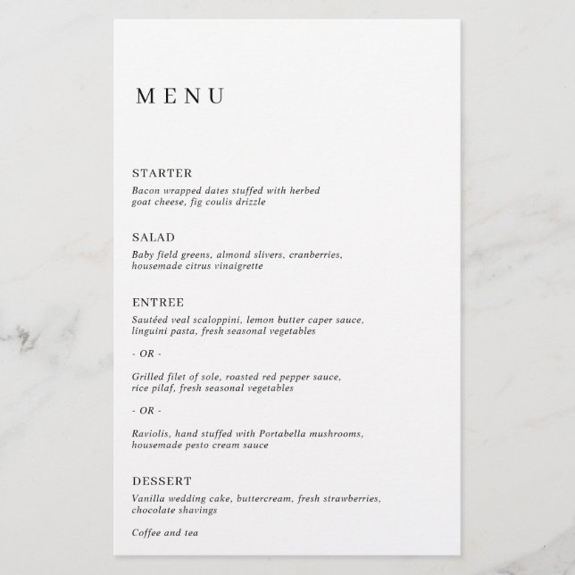 Menu de Casamento Moderno Mínimo Preto e Branco (Frente)