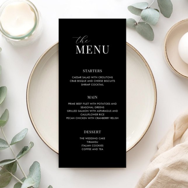 Menu de Casamento Moderno Mínimo Preto e Branco (Criador carregado)