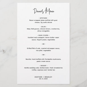 Menu de Casamento Moderno Mínimo Preto e Branco