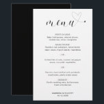 Menu de Casamento Moderno Simples de Coração Bonit<br><div class="desc">Menu moderno de casamento, com uma design simples e minimalista em preto e branco com a palavra "menu" em uma tipografia elegante e um coração bonito no final.</div>