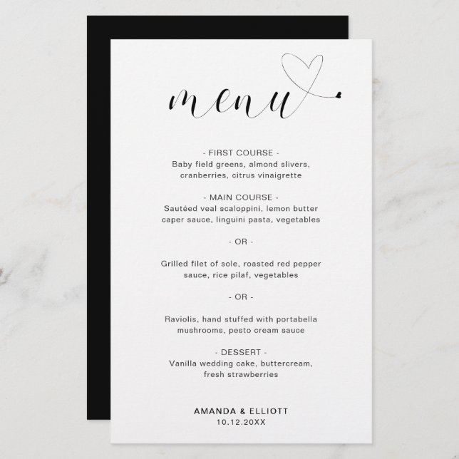 Menu de Casamento Moderno Simples de Coração Bonit (Frente/Verso)