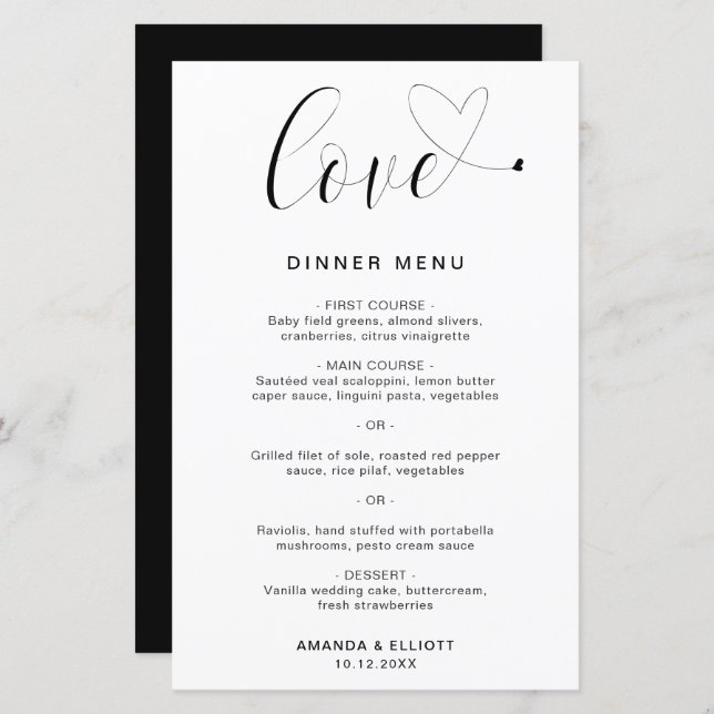 Menu de Casamento Moderno Simples do Coração de Am (Frente/Verso)