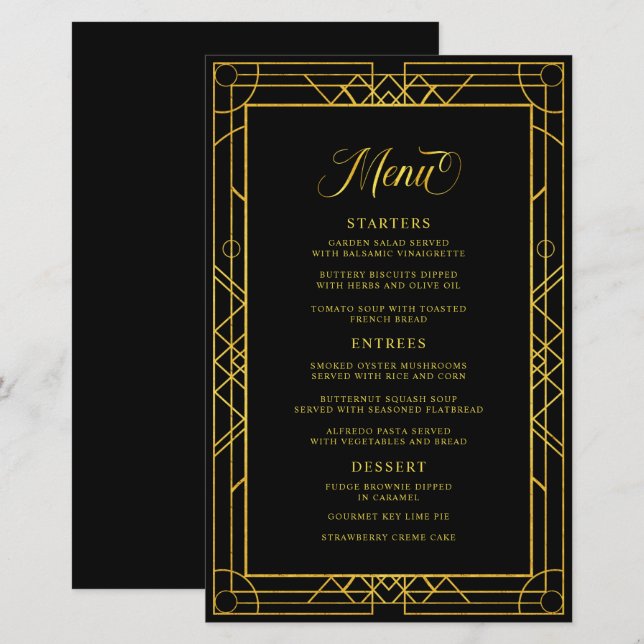 Menu de Casamento Negro de Quadro Dourado Geométri (Frente/Verso)