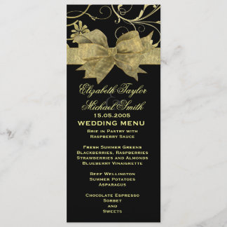 Menu de Casamento Negro Dourado com Fita de Luxo