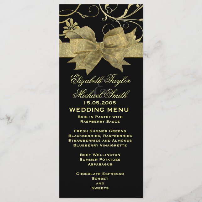 Menu de Casamento Negro Dourado com Fita de Luxo (Frente)