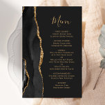 Menu de Casamento Negro Dourado de Agate Negra de<br><div class="desc">A borda esquerda deste elegante cardápio moderno de casamento apresenta uma coloração aquosa preta, borda agitada, aparada com falso brilho dourado. O texto personalizável combina o script de manuscrito dourado e as fontes de impressão em um plano de fundo off-black. O verso apresenta um design de agate preto e dourado...</div>