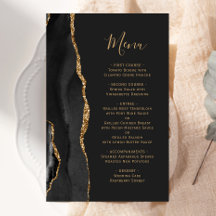Menu de Casamento Negro Dourado de Agate Negra de 