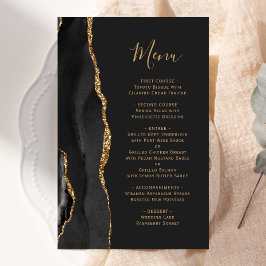 Menu de Casamento Negro Dourado de Agate Negra de 