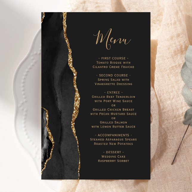 Menu de Casamento Negro Dourado de Agate Negra de  (Criador carregado)
