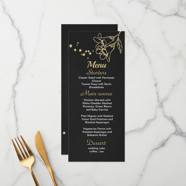 menu de casamento negro floral de ouro (Frente/Verso In Situ)