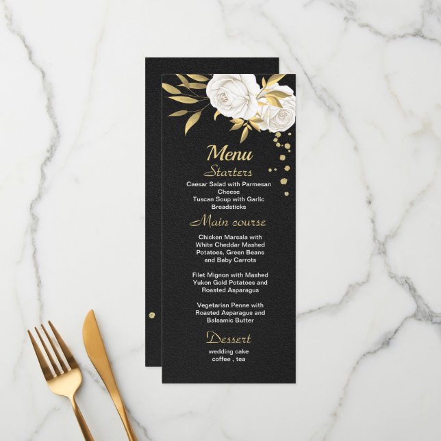 menu de casamento negro floral de ouro branco (Frente/Verso In Situ)