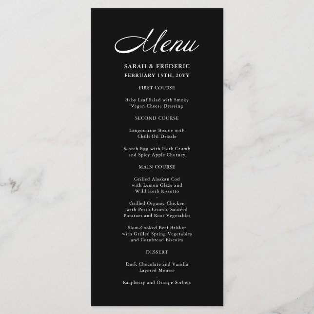 Menu de Casamento Negro Minimalista de Script Mode (Frente)