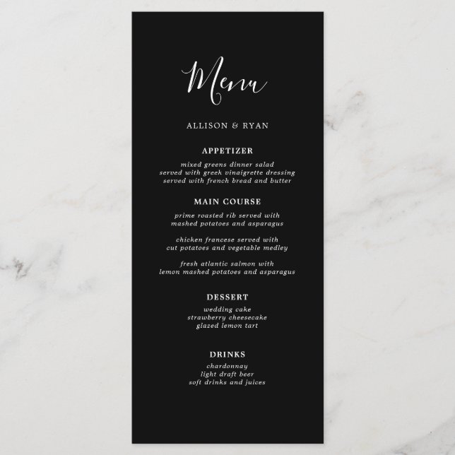 Menu de Casamento Negro Simples Minimalista (Frente)