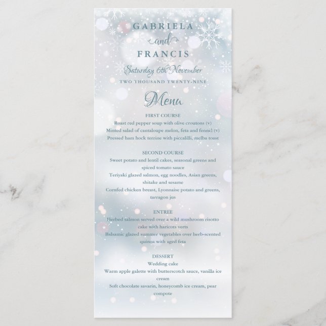 Menu de Casamento no inverno Elegante Snowflakes (Frente)